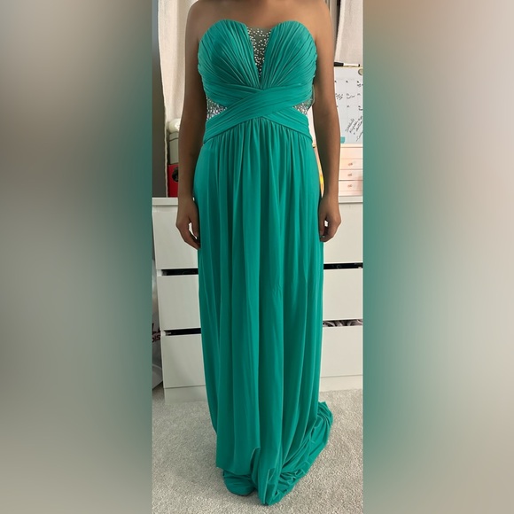 La Femme STUNNING BEADED STRAPLESS MESH & JERSEY GOWN IN SPEARMINT - Picture 6 of 10